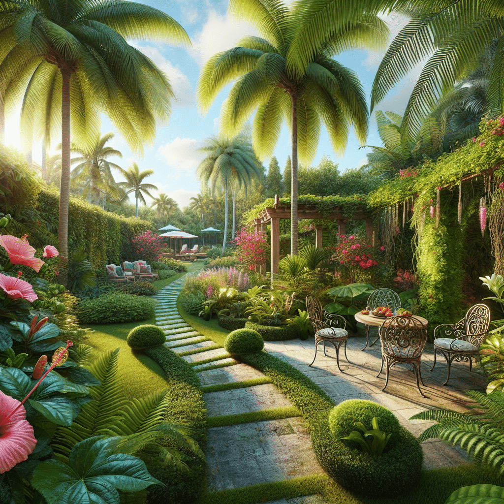 A lush tropical garden with a winding stone path leading to chairs and a table. Palm trees, vibrant flowers, and trimmed shrubs create a serene atmosphere. Sunshine filters through, highlighting the greenery and colorful blooms.