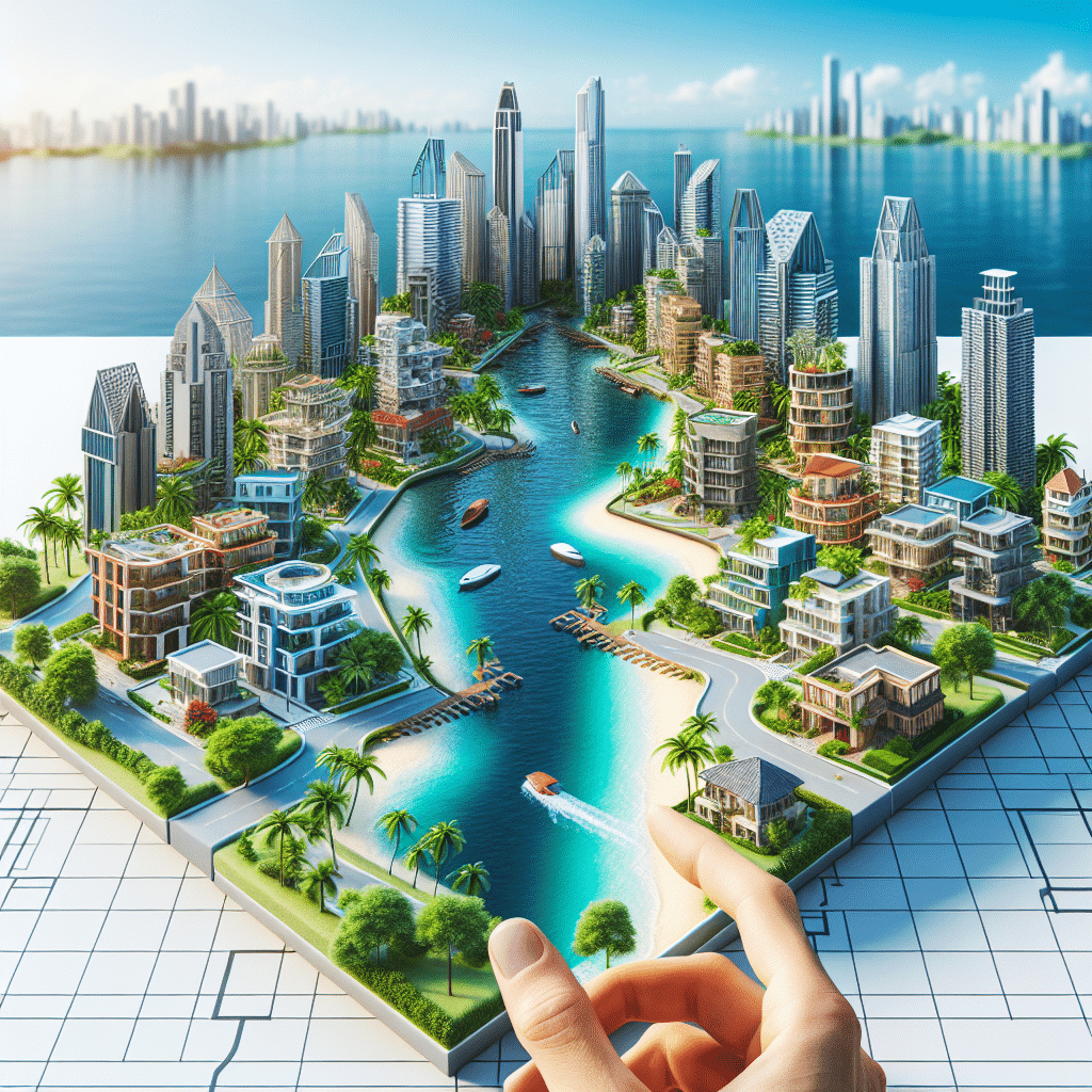 A person adjusts a 3D model of a modern city on architectural plans. Skyscrapers and smaller buildings line a river, with boats navigating the water. Palm trees dot the landscape under a clear, blue sky, and a city's skyline is visible in the distance.