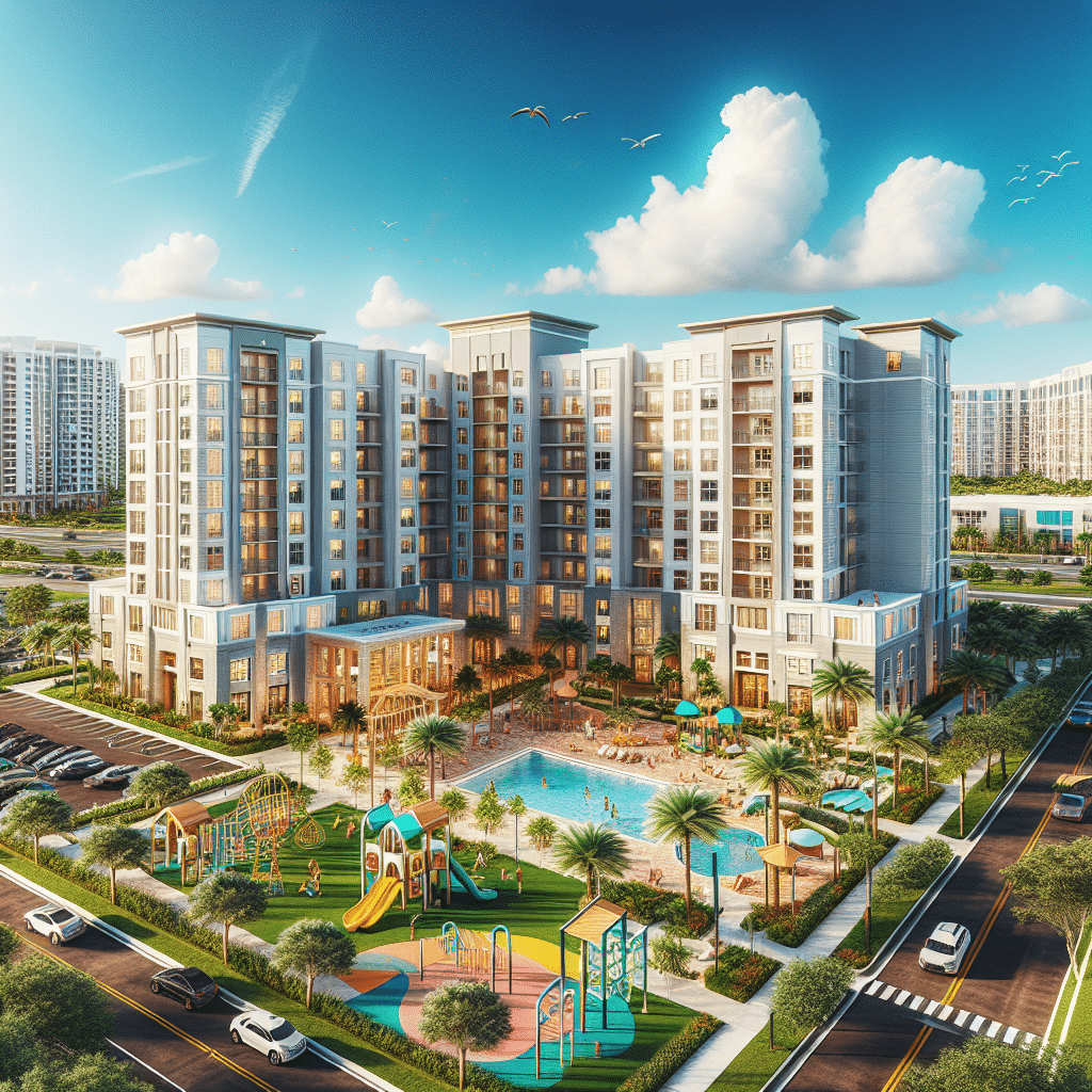 A modern apartment complex with multiple stories, featuring a central courtyard with a pool and sunbathing area. There's a colorful playground in the foreground, surrounded by palm trees, with clear skies and a few clouds above.