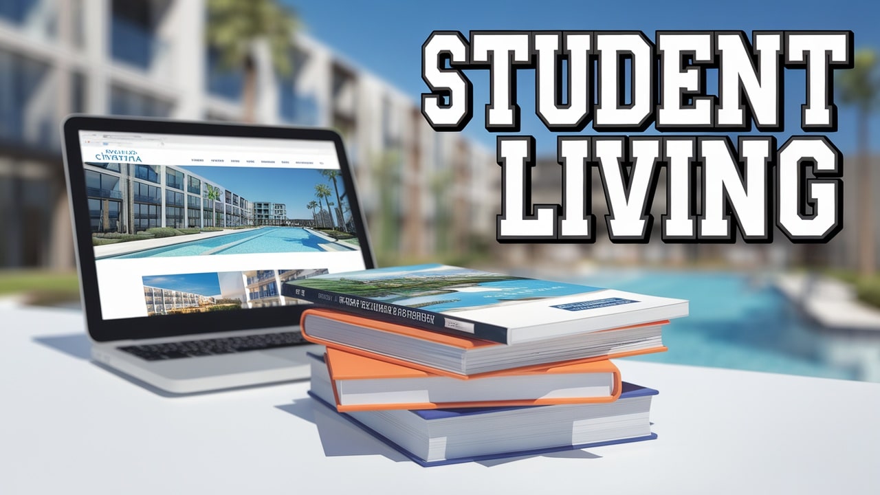 A laptop displaying an apartment website sits on a table beside a stack of textbooks. In the background, there's a pool adjacent to modern apartment buildings. The words "Student Living" are prominently displayed.