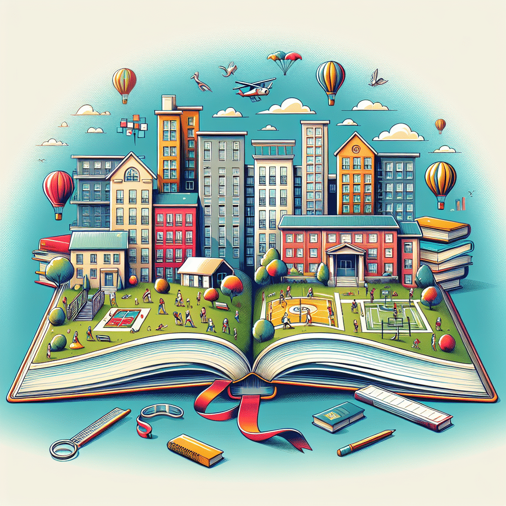 An open book transforms into a lively cityscape with buildings, playgrounds, and sports fields. Children play in the grassy areas, while hot air balloons and birds float in a bright sky above. School supplies lie in the foreground.