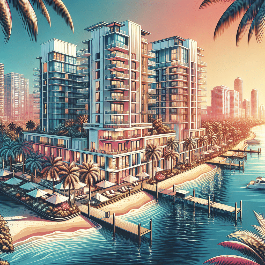 Modern waterfront high-rise buildings with large balconies overlook a tropical beach lined with palm trees, cabanas, and private docks along calm blue water, set against a colorful sunset cityscape.