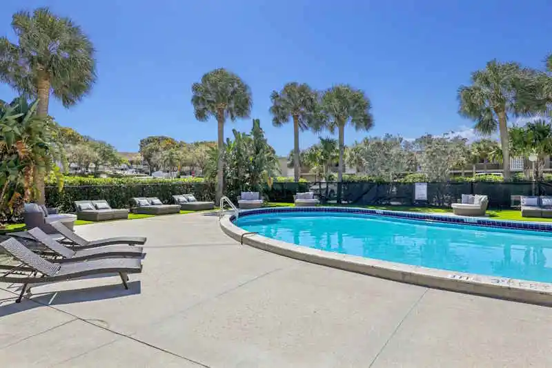 Outdoor swimming pool surrounded by lounge chairs and palm trees, with a clear blue sky overhead and lush greenery in the background—these Boca Raton Apartments for Rent offer a clean, inviting space perfect for relaxation.