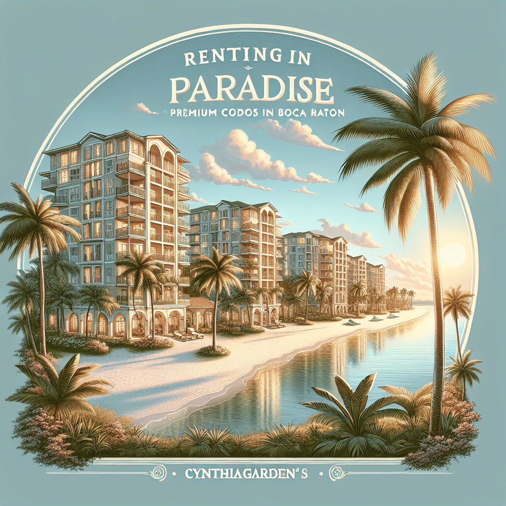 A sunny, tropical scene shows luxury condos by a palm-lined beach. The text reads "Renting in Paradise: Premium Condos in Boca Raton" and "Cynthia Gardens" at the bottom, evoking a resort-like, coastal lifestyle.