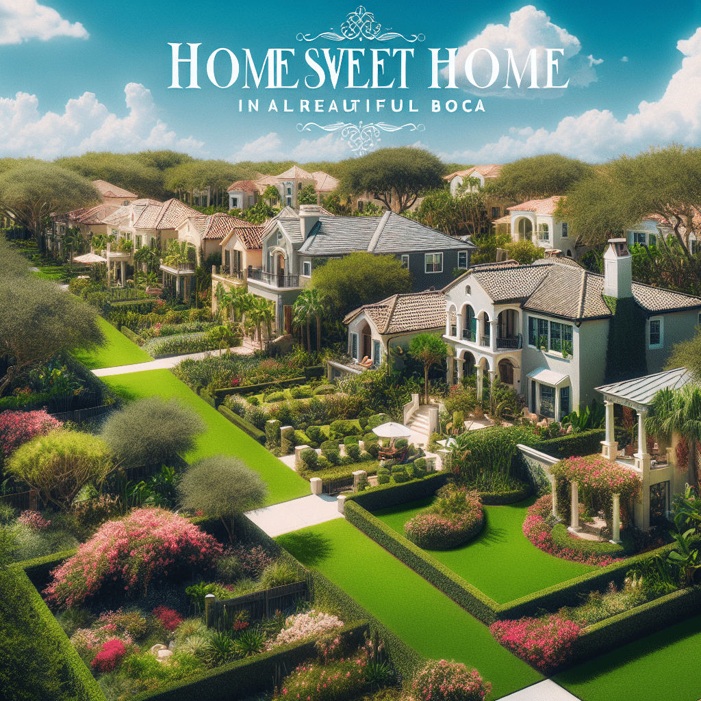 A picturesque neighborhood with elegant homes, lush gardens, manicured lawns, and tree-lined streets. Text at the top reads “Home Sweet Home in a Beautiful Boca.” The scene is bright and peaceful under a sunny sky.