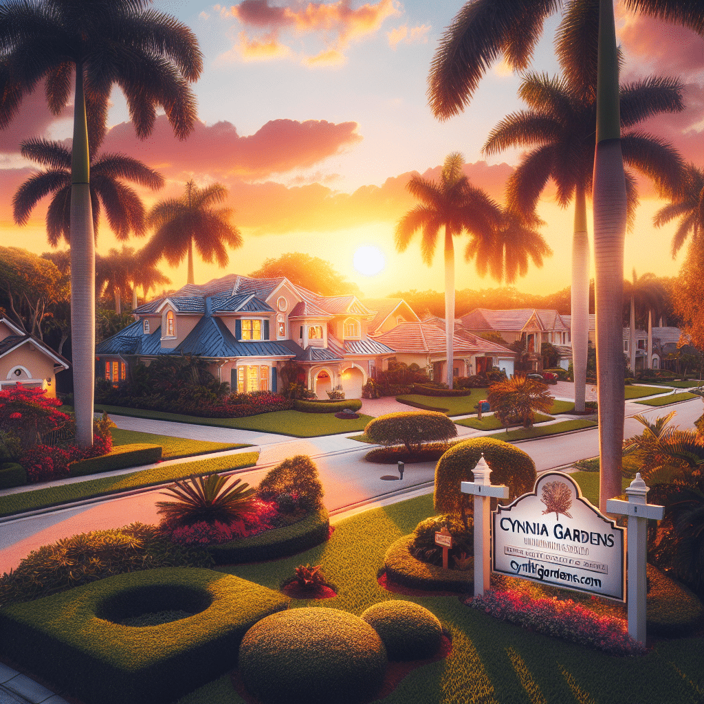 A sunny suburban neighborhood at sunset features manicured lawns, palm trees, and upscale houses. A sign in the foreground reads “Cynnia Gardens” with contact information for real estate services.