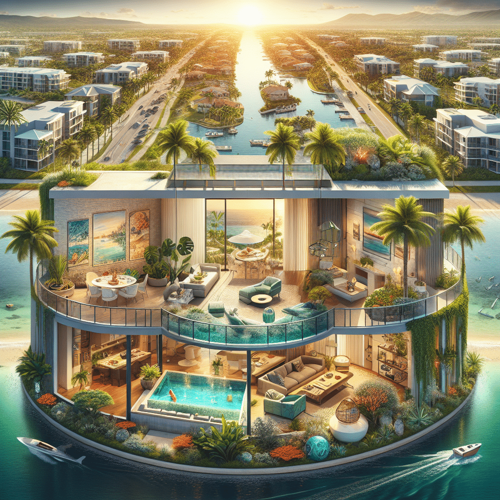 A luxurious, modern waterfront villa with large windows, two floors, lush decor, and an indoor pool, overlooking a vibrant canal and cityscape at sunset, surrounded by palm trees and upscale buildings.