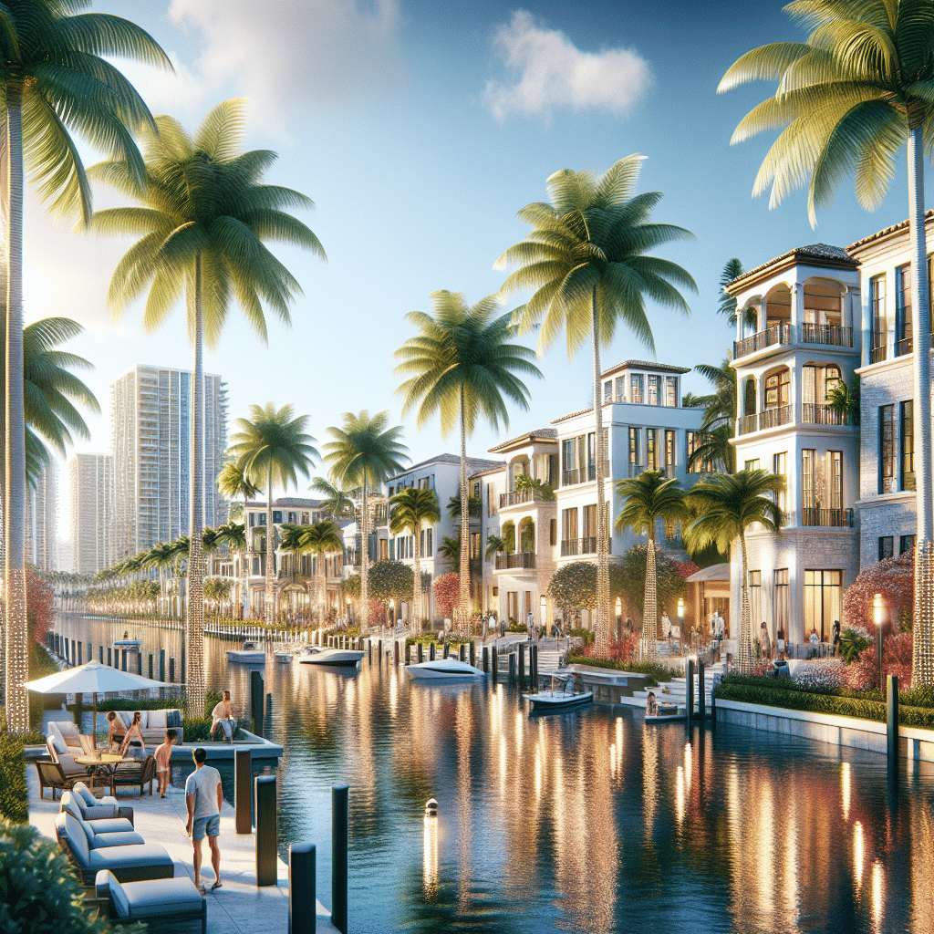A luxurious canal lined with palm trees and elegant waterfront villas, featuring private docks. People relax by the water under umbrellas, while modern high-rise buildings are visible in the background under a sunny sky.