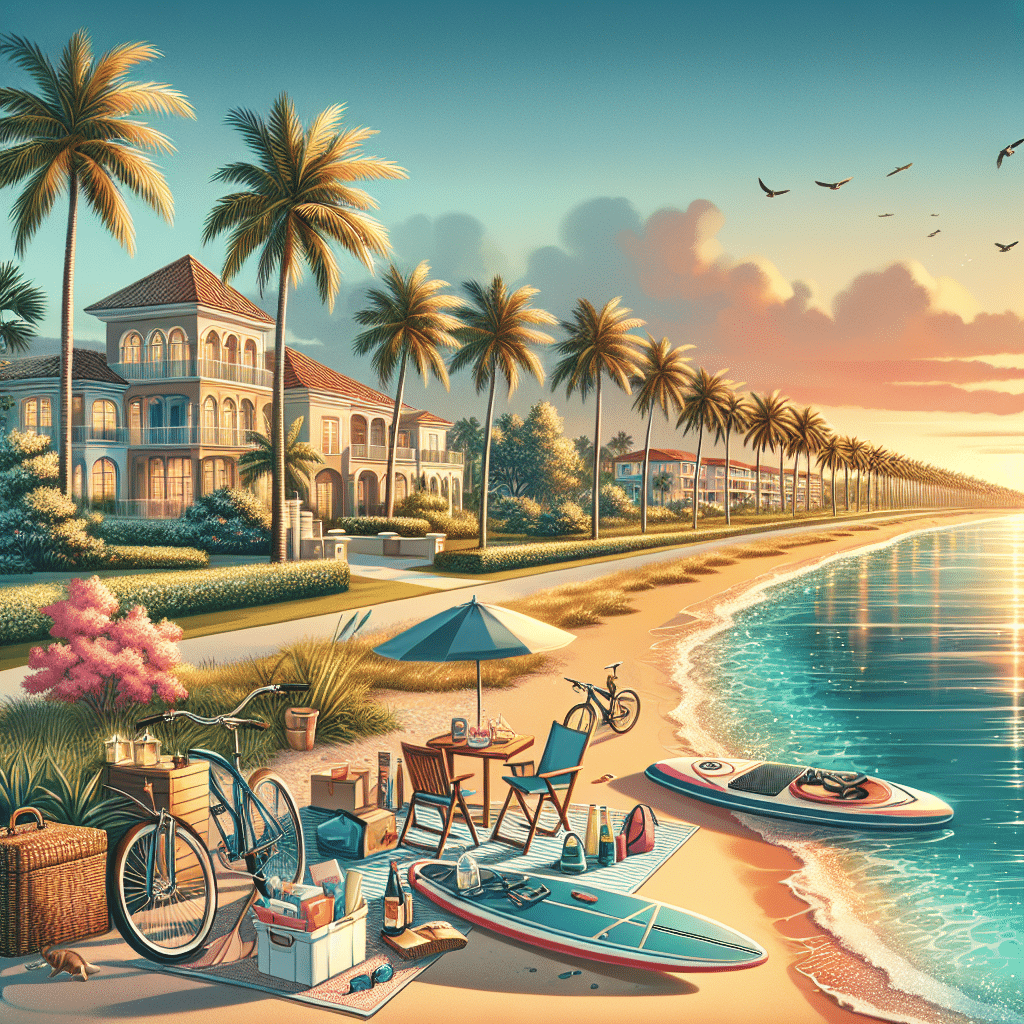 A sunny beach lined with palm trees and luxurious houses. Picnic items, bicycles, and paddleboards are set up on the sand near the water, with birds flying in the sky and gentle waves on the shore.