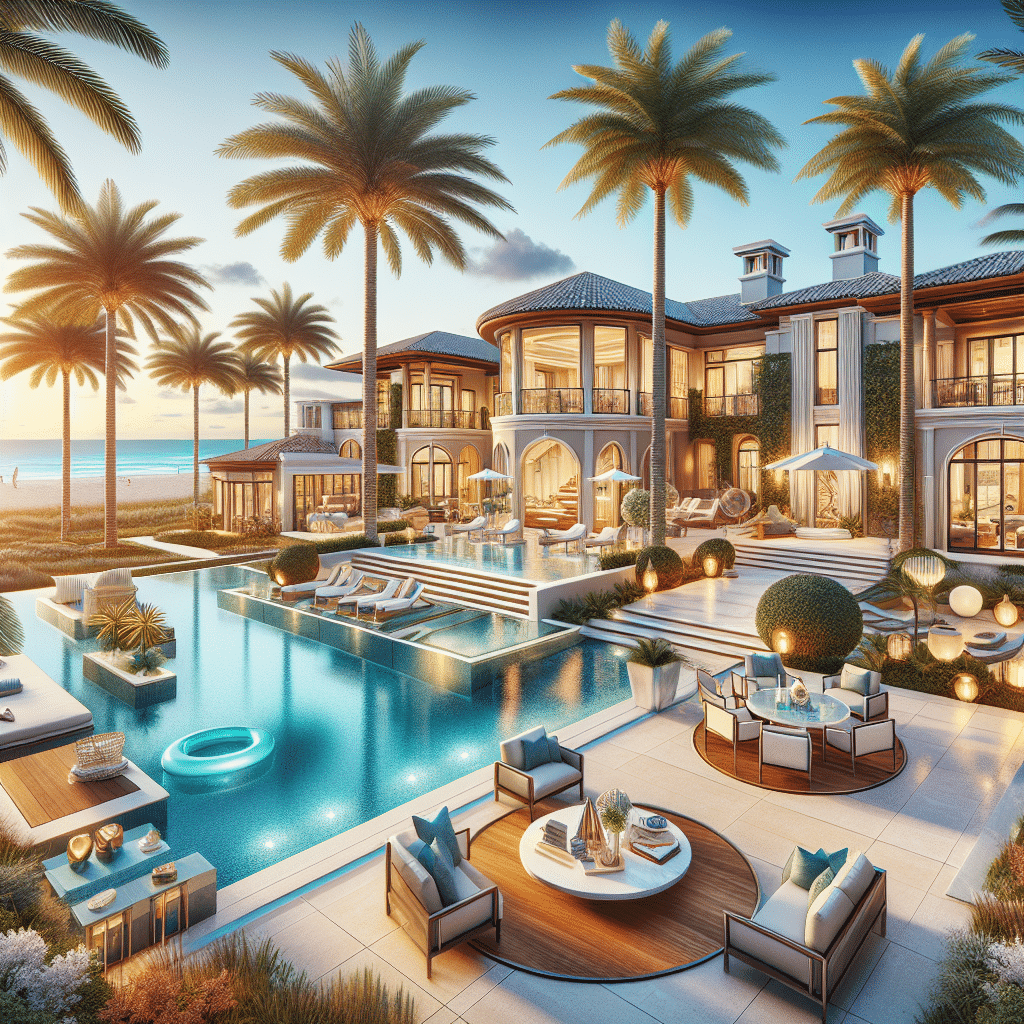 A luxurious beachfront villa with large windows, multiple patios, palm trees, and a spacious pool surrounded by elegant outdoor seating areas, glowing at sunset. The ocean is visible in the background.